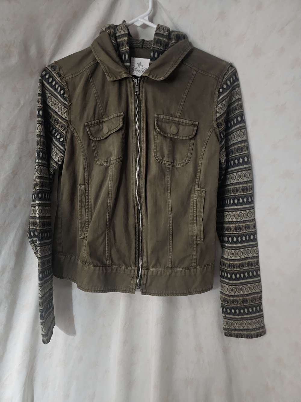Others Follow Olive Utility Jacket with Patterned Knit Sleeves VERY GOOD COND
